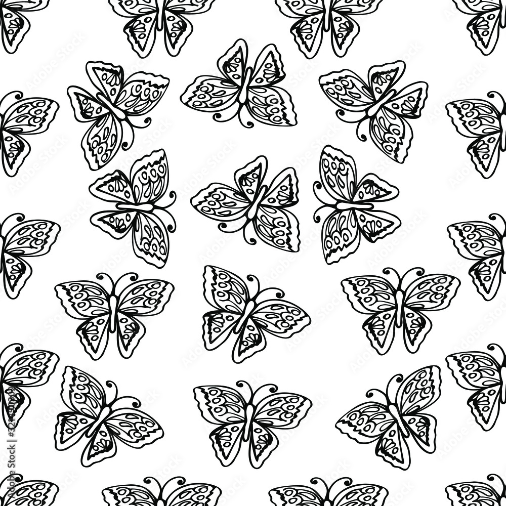  Vector illustration. Monochrome seamless pattern in the form of butterflies on an isolated white background. Design for covers, savers, textile print.