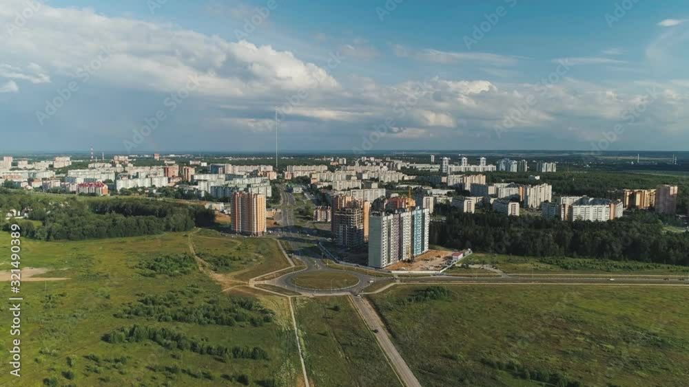 OBNINSK, KALUGA REGION, RUSSIA – SUMMER, 2019: drone fly over first science city of russia, drone fly over modern russian suburbs OBNINSK, KALUGA REGION, RUSSIA – SUMMER, 2019: drone fly over first science city of russia, drone fly over modern russian suburbs