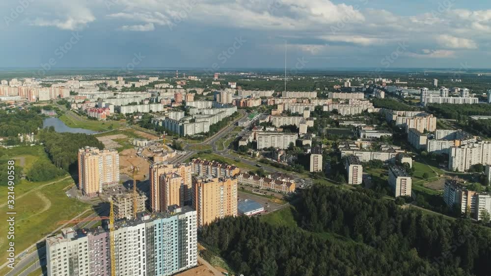 OBNINSK, KALUGA REGION, RUSSIA – SUMMER, 2019: drone fly over first science city of russia, drone fly over modern russian suburbs OBNINSK, KALUGA REGION, RUSSIA – SUMMER, 2019: drone fly over first science city of russia, drone fly over modern russian suburbs