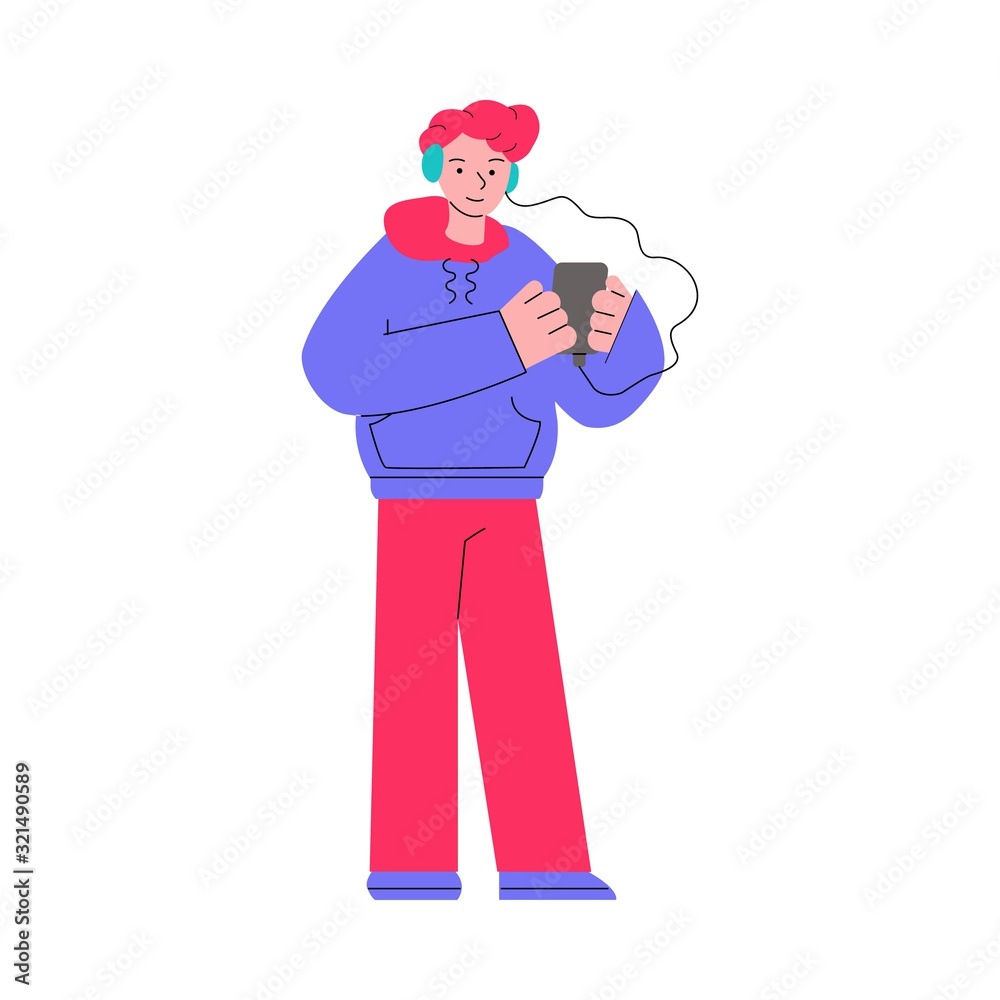 Cartoon man standing and looking at phone screen and listening to music Cartoon man standing and looking at phone screen and listening to music