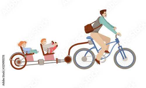 Happy father riding a bicycle with two kids on back Child Bike trailer. Happy family on bicycle, man and kids - vector cartoon illustration, isolated on white background