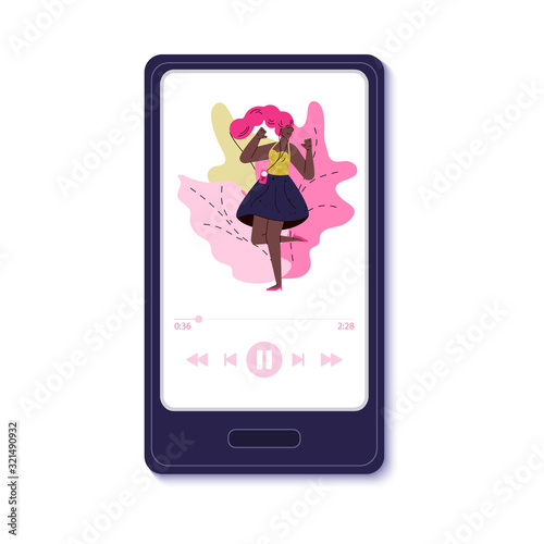 Fototapeta Naklejka Na Ścianę i Meble -  Dancing woman on mobile music app interface on phone screen