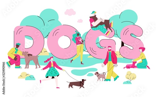 Dogs banner with cartoon pet owners walking and hugging their pets in park