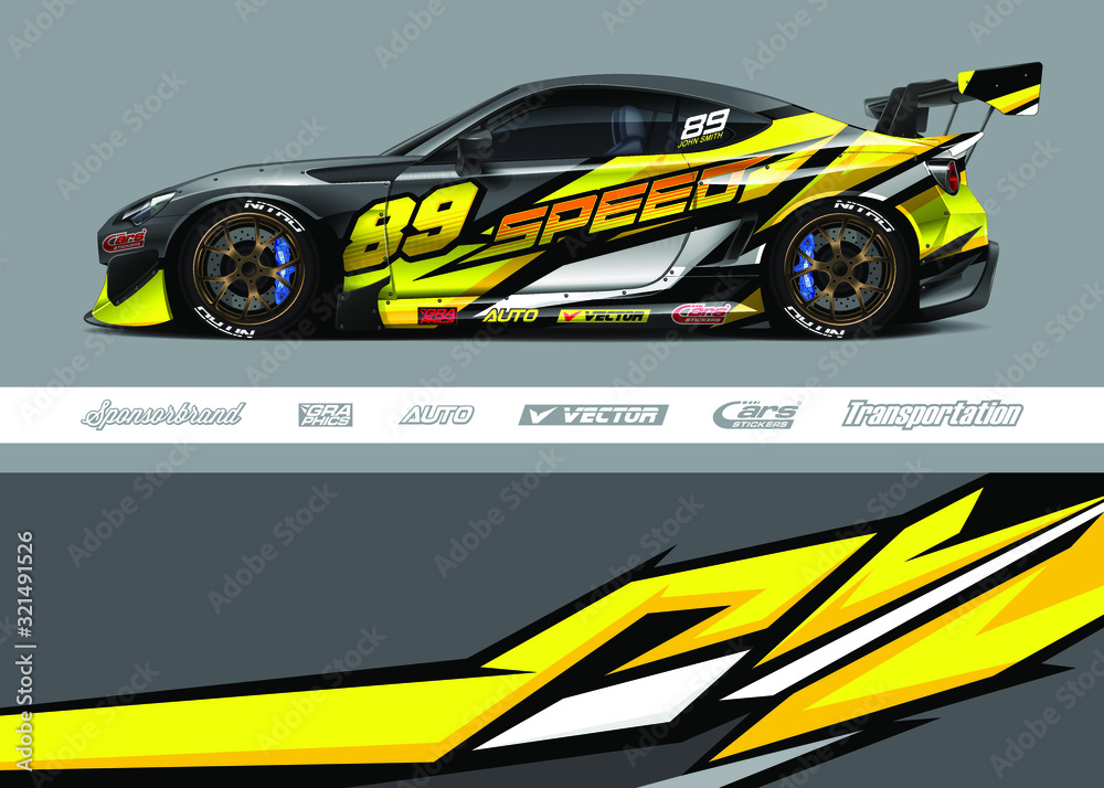 Race car livery design vector. Graphic abstract stripe racing background designs for vinyl wrap, race car, cargo van, pickup truck and adventure. Full vector Eps 10.