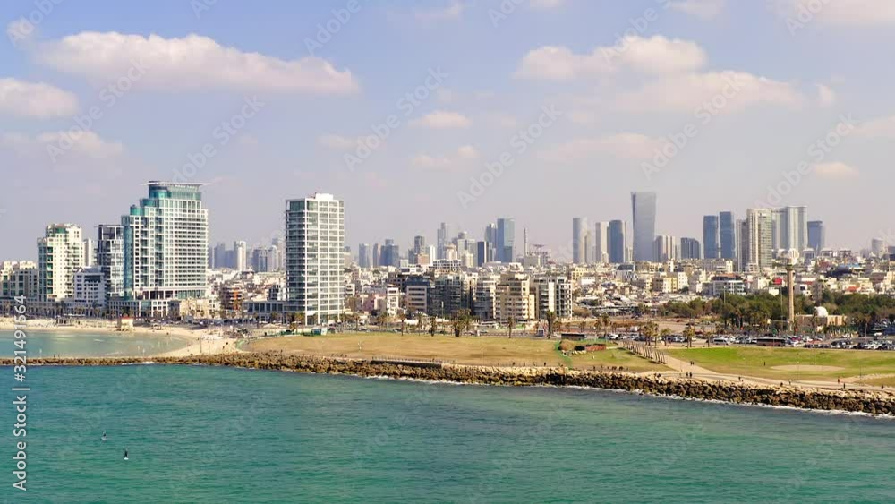Aerial view of Tel Aviv coastline on a beautiful day over The Mediterranean Sea. Aerial view of Tel Aviv coastline on a beautiful day over The Mediterranean Sea.