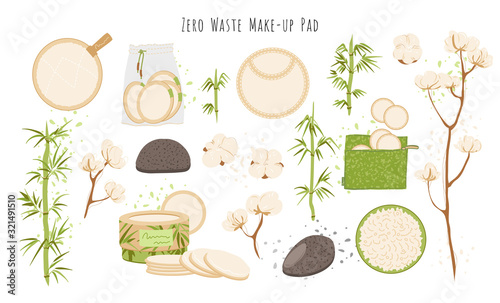 Organic Zero Waste Reusable Makeup Remover Pads vector set, Washable Eco-friendly Natural Bamboo Cotton Rounds. Washable Facial Cleansing Cloths for Eye Makeup Remove, Face Wipe illustration