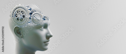 Thinking woman with gear mechanisms on her head, 3d rendering © Aldeca Productions