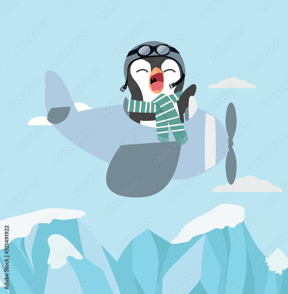 Cute penguin flying plane on sky