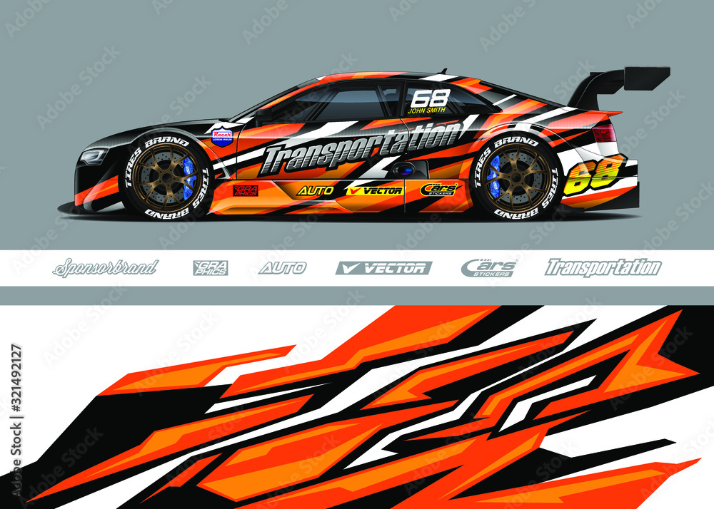 Race car livery design vector. Graphic abstract stripe racing background designs for vinyl wrap, race car, cargo van, pickup truck and adventure. Full vector Eps 10. Race car livery design vector. Graphic abstract stripe racing background designs for vinyl wrap, race car, cargo van, pickup truck and adventure. Full vector Eps 10.