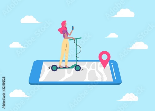 Woman using mobile phone for navigation sketch cartoon vector illustration.