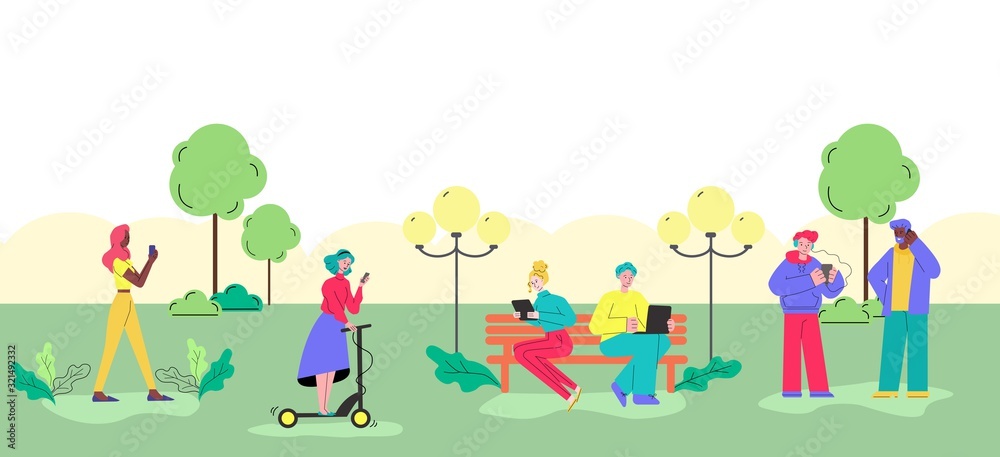 Young people using gadgets in the park - cartoon men and women with phones