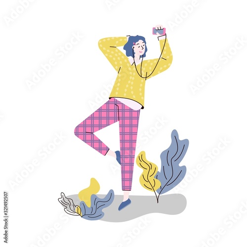 Young woman listening to music on headphones - female cartoon character