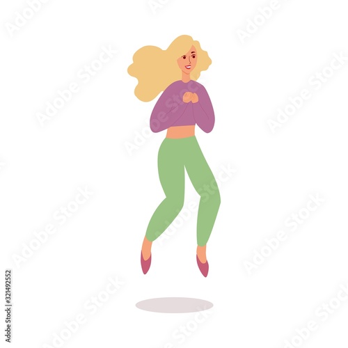 Woman character jumping high in the air, flat isolated vector illustration.