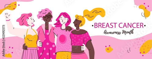 Breast Cancer Awareness banner with women characters flat vector illustration.