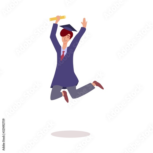 Graduating male student jumping for joy, flat vector illustration isolated.