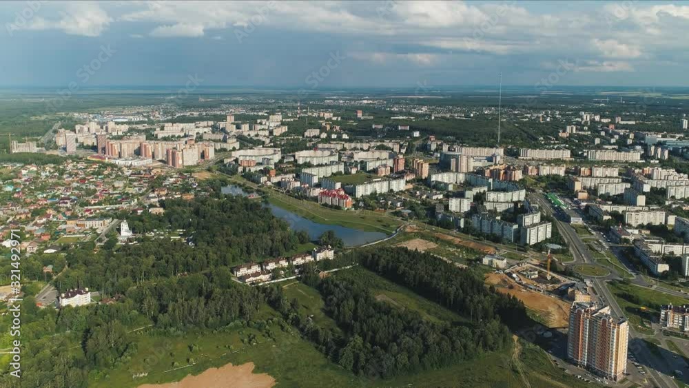 OBNINSK, KALUGA REGION, RUSSIA – SUMMER, 2019: drone fly over first science city of russia, drone fly over modern russian suburbs OBNINSK, KALUGA REGION, RUSSIA – SUMMER, 2019: drone fly over first science city of russia, drone fly over modern russian suburbs