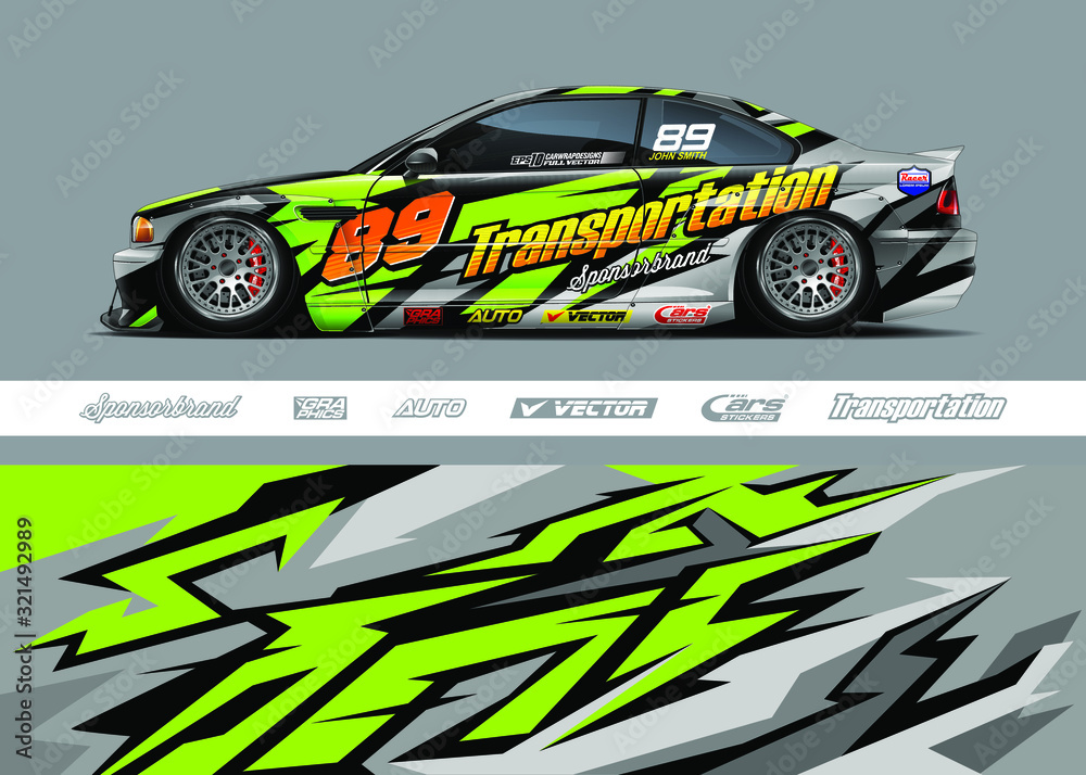 Race car livery design vector. Graphic abstract stripe racing background designs for vinyl wrap, race car, cargo van, pickup truck and adventure. Full vector Eps 10.