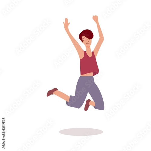 Happy jump - cartoon girl smiling and jumping high in air with eyes closed.