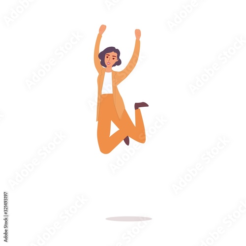Happy woman in yellow business suit jumping in air and smiling