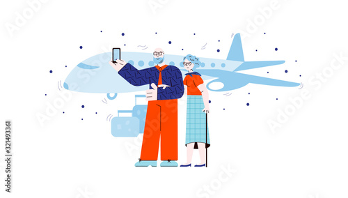 Old people taking selfie in front of airplane - cartoon tourist couple
