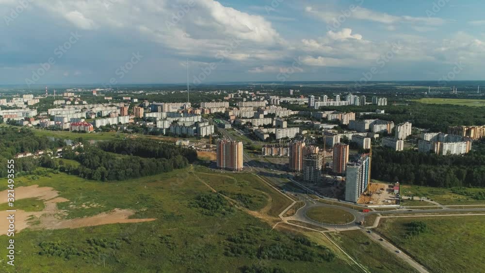 OBNINSK, KALUGA REGION, RUSSIA – SUMMER, 2019: drone fly over first science city of russia, drone fly over modern russian suburbs OBNINSK, KALUGA REGION, RUSSIA – SUMMER, 2019: drone fly over first science city of russia, drone fly over modern russian suburbs