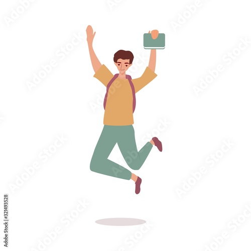 Student or traveler cartoon character jumping flat vector illustration isolated.