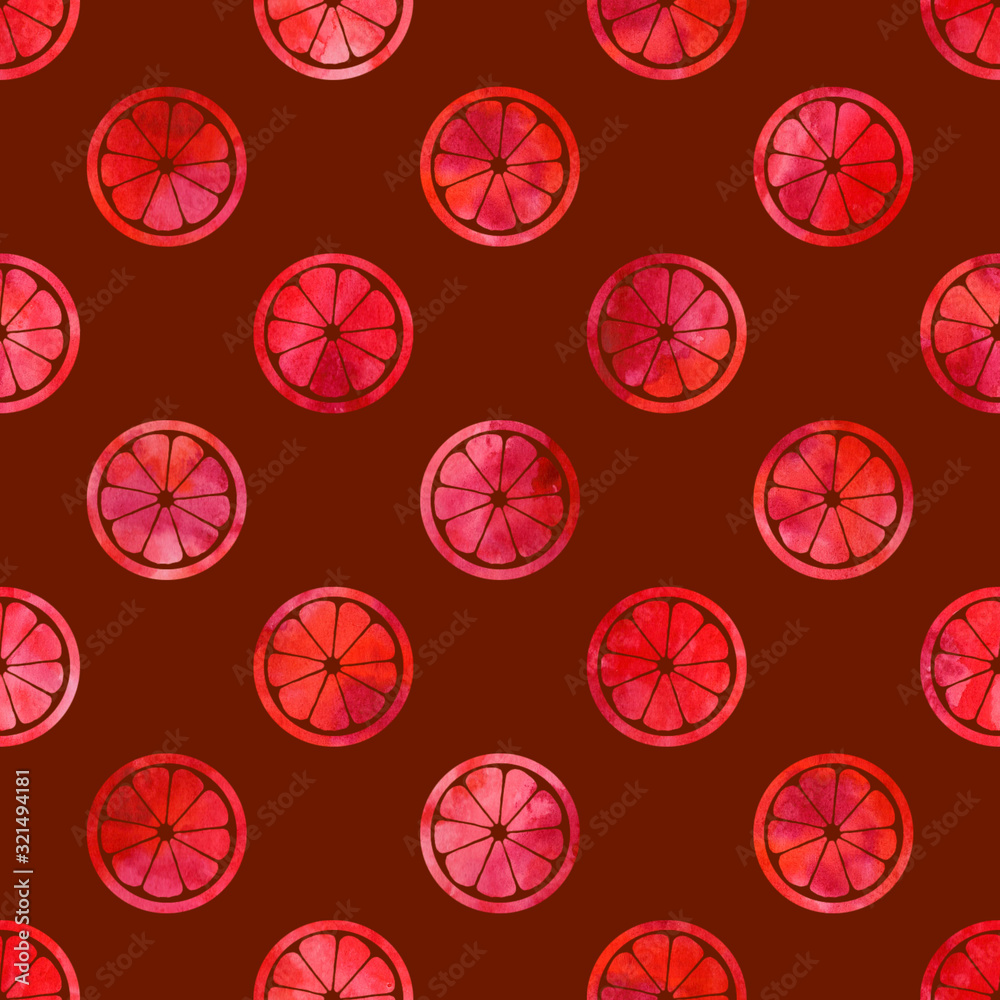 Watercolor sliced ​​grapefruits on chocolate background. Seamless pattern.  Watercolor stock illustration. Design for backgrounds, wallpapers, covers, textile and packaging.