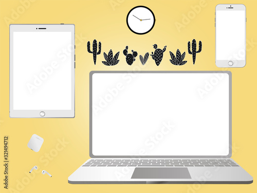 Set of realistic laptop, smart phone and tablet with blank screen background. Mockup, 3d illustration, clipping path. Front view