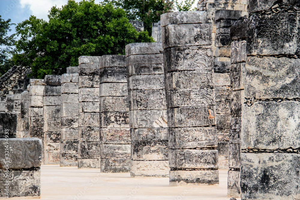 A thousand pillars in ancient maya ruin, temple chichen itza