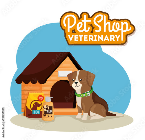 pet shop veterinary with little dog and icons