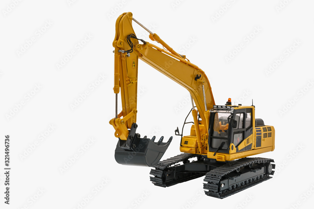 Yellow excavator model with isolated on a white background,Bucket lift up Yellow excavator model with isolated on a white background,Bucket lift up