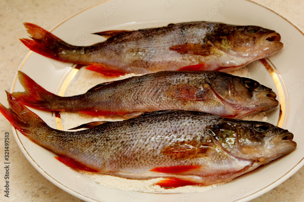Freshwater perch with flour on a plate ready to roast Freshwater perch with flour on a plate ready to roast