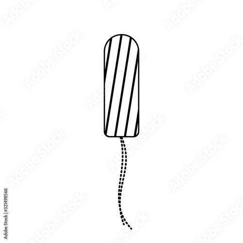 Menstrual tampon with thread. Black illustration for periods, female hygiene, medicine. Linear icon of striped tampoon with rope. Contour isolated vector image on white background. Menstruation theme
