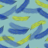 seamless pattern with blue and yellow feathers on blue background. Hand drawing. Elegant print. Packaging, wallpaper, textile, fabric design