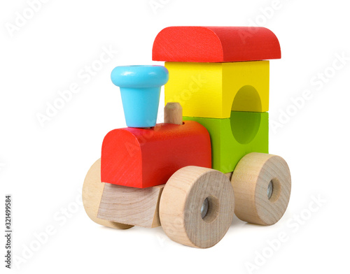 Colorful wooden toy train isolated on white background photo