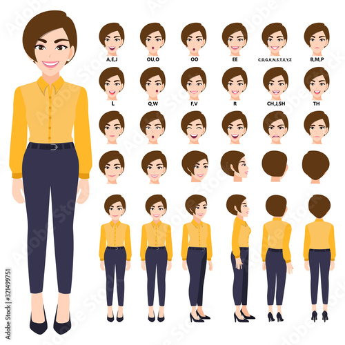 Cartoon character with business woman in smart shirt for animation. Front, side, back, 3-4 view character. Separate parts of body. Flat vector illustration.