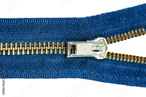 half open blue metallic zipper on white photo