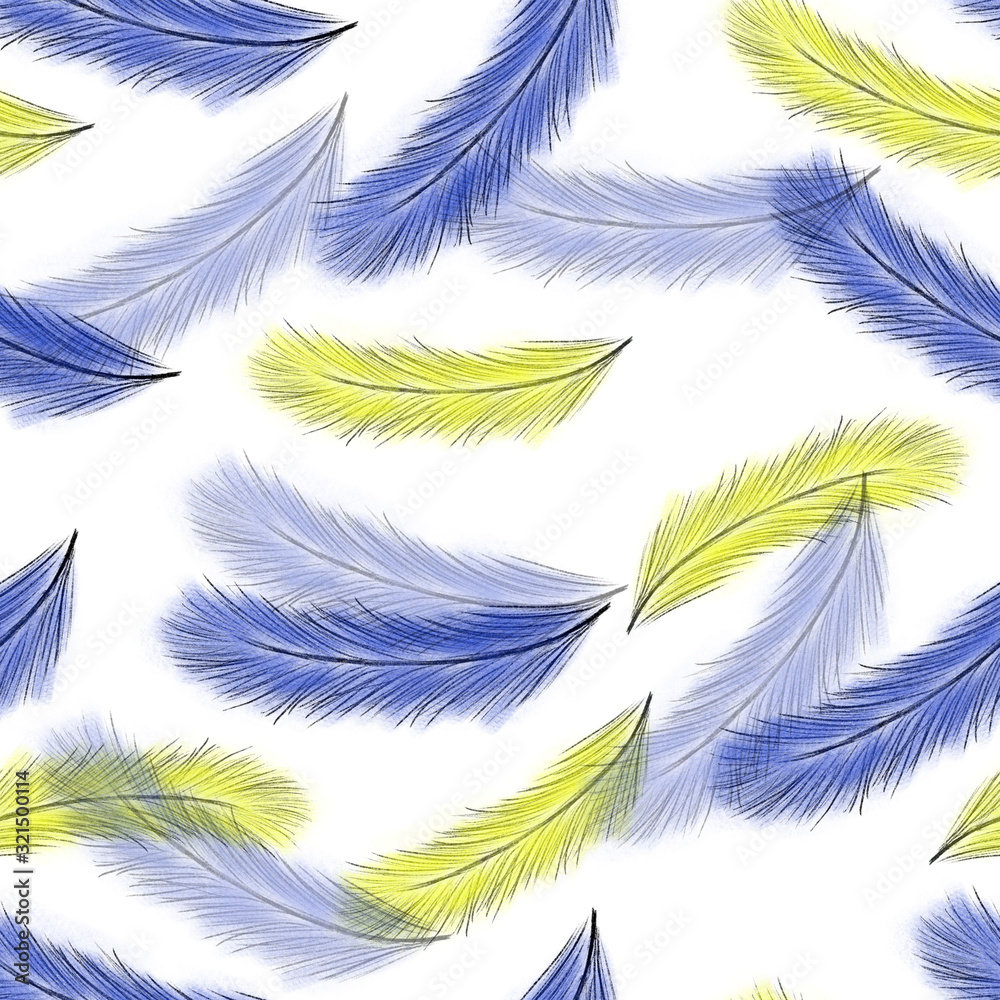 Seamless pattern with colorful feathers on white background. Blue and yellow feathers. Print, packaging, wallpaper, textile, fabric design
