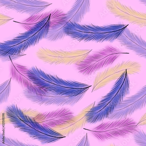 Seamless pattern with colorful feathers on pink background. abstract background with feathers. Hand drawing. Purple, blue and yellow feathers. Print, packaging, wallpaper, fabric, textile design