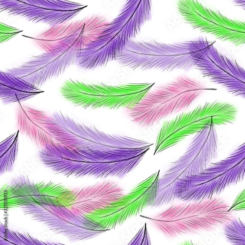 seamless pattern of green, pink, violet feathers on white background. abstract background with colorful feathers. Hand drawing. Print, packaging, wallpaper, textile, fabric design