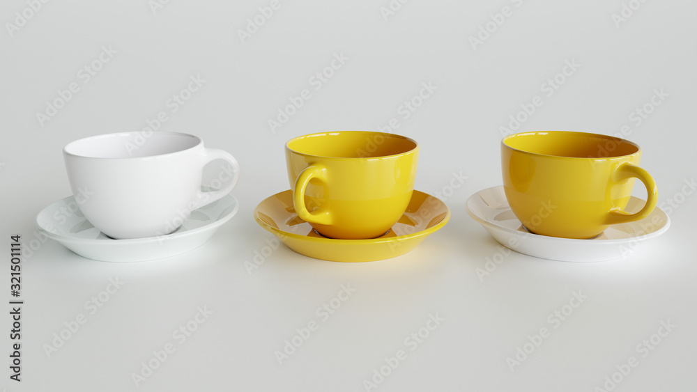 Three colorful cups side by side - 3D rendering Three colorful cups side by side - 3D rendering