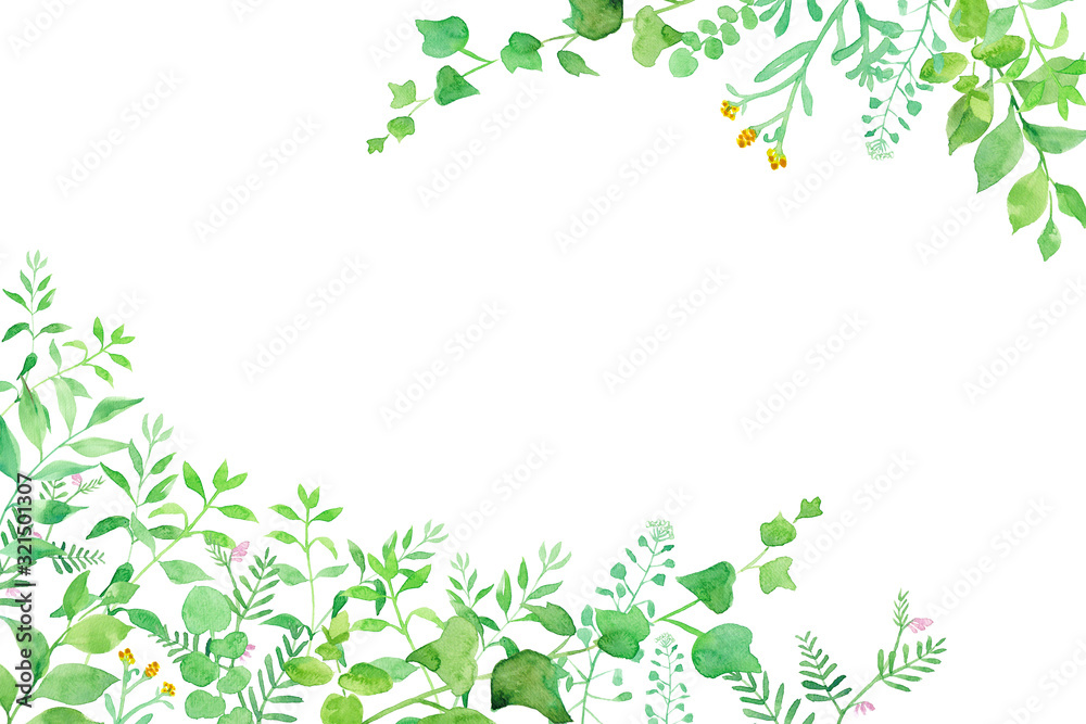 グリーンの草花の２隅装飾フレーム。水彩イラスト。