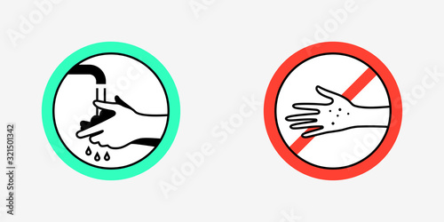 Sign warning to wash hands, dirty hands restriction / medicine, lab and clean room regulation, safety & hygiene warnings