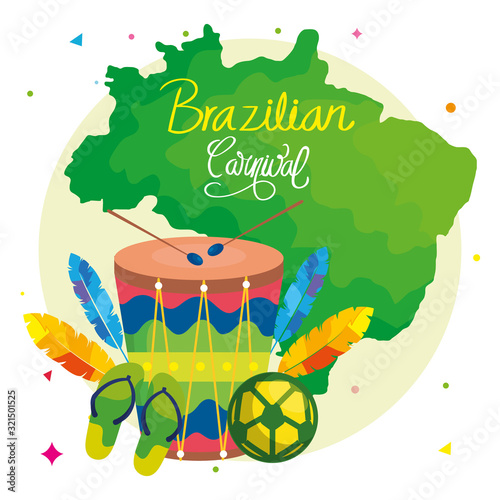 poster of carnival brazilian with drum and icons traditional