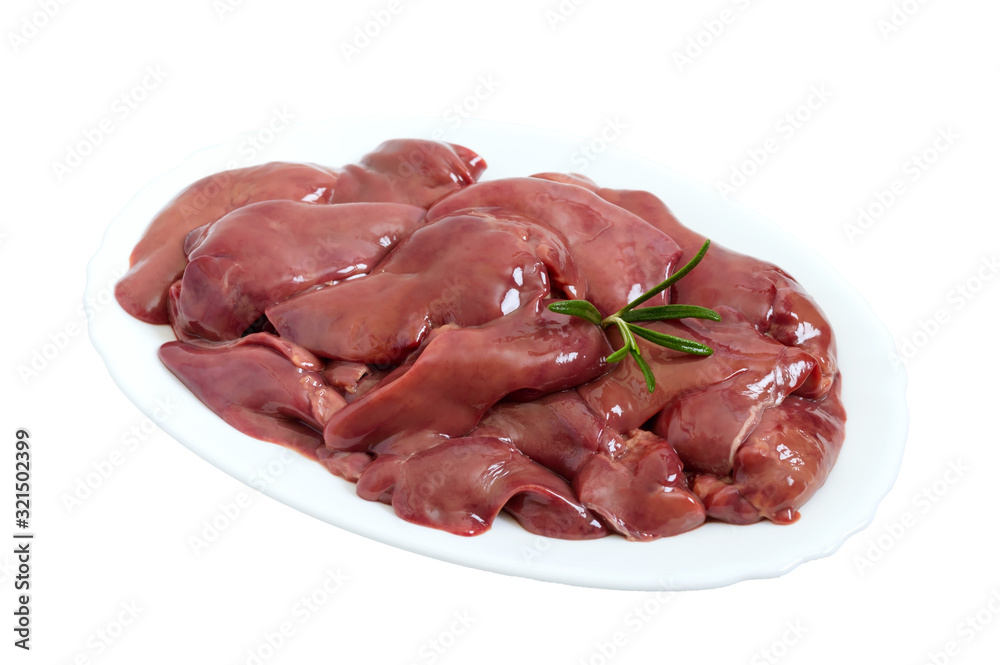 Raw chicken liver in a bowl isolated on a white background. Offal. Ready to cook. Dishes from the liver. Raw chicken liver in a bowl isolated on a white background. Offal. Ready to cook. Dishes from the liver.