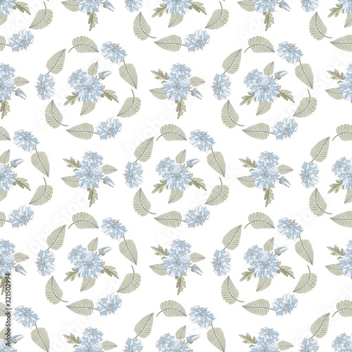 Seamless pattern with white chrysanthemums and leaves. Endless texture for design. Delicate background with chrysanthemums and floral elements for your greeting cards, fabric design, wedding, fabric.