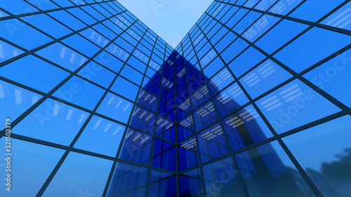 office building blue glass reflections skyscraper perspective tower 3D illustration
