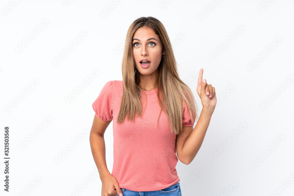 Young blonde woman over isolated white background thinking an idea pointing the finger up Young blonde woman over isolated white background thinking an idea pointing the finger up