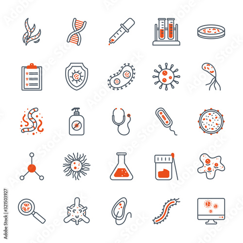 Isolated black and orange virus icon set vector design