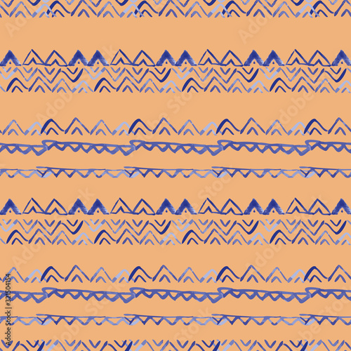 Vector seamless pattern ethnic indigo watercolor with white and blue triangles and ocher yellow background.